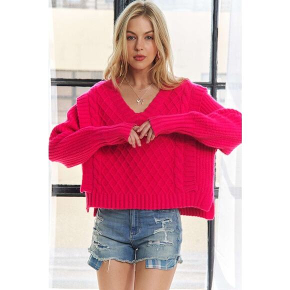 ADORA Long Sleeves V-Neck Ruffle Detail Adorable Rib Pullover Sweater | Hot Pink - Picture 6 of 7